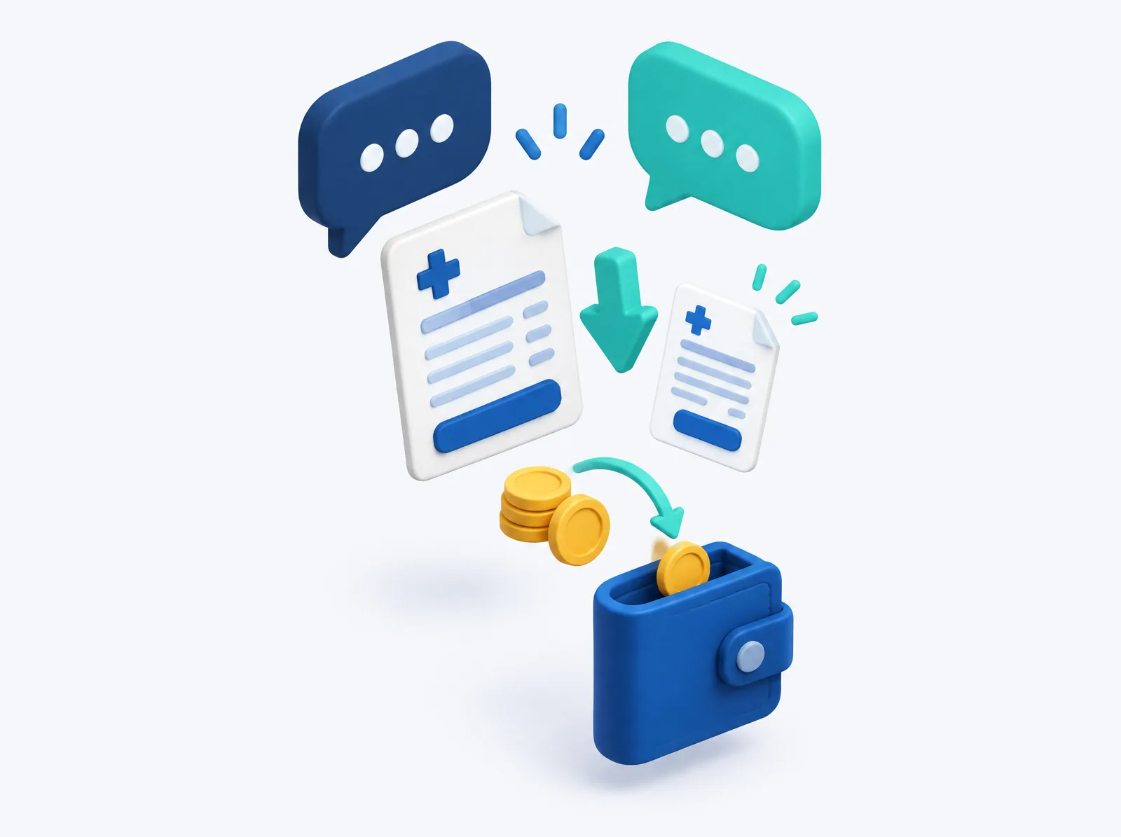 Illustration of a negotiation shrinking a medical bill and returning money to a wallet