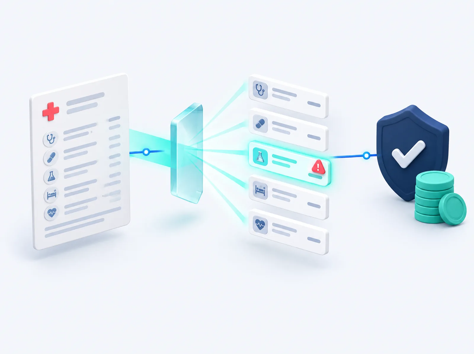Illustration: a bill passes through an AI lens, its line items are separated, one is flagged, and savings are protected