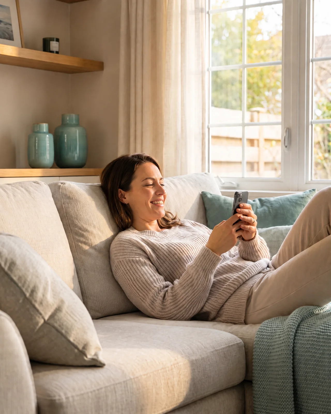 A relieved woman relaxing on her sofa while reading a MedPay Hub notification on her phone